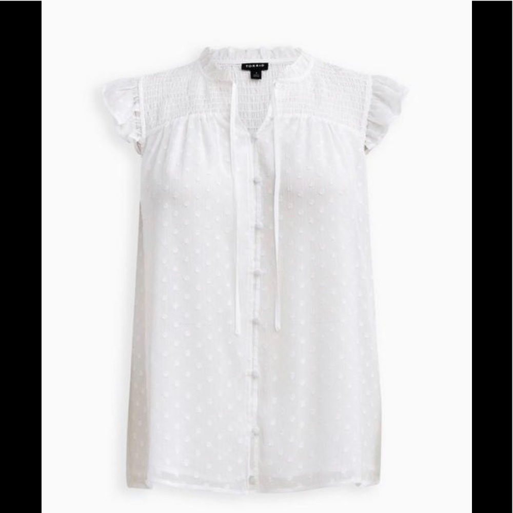 Torrid NWT White Chiffon Clip Dot Smocked Ruffle Trim Top, size 1X